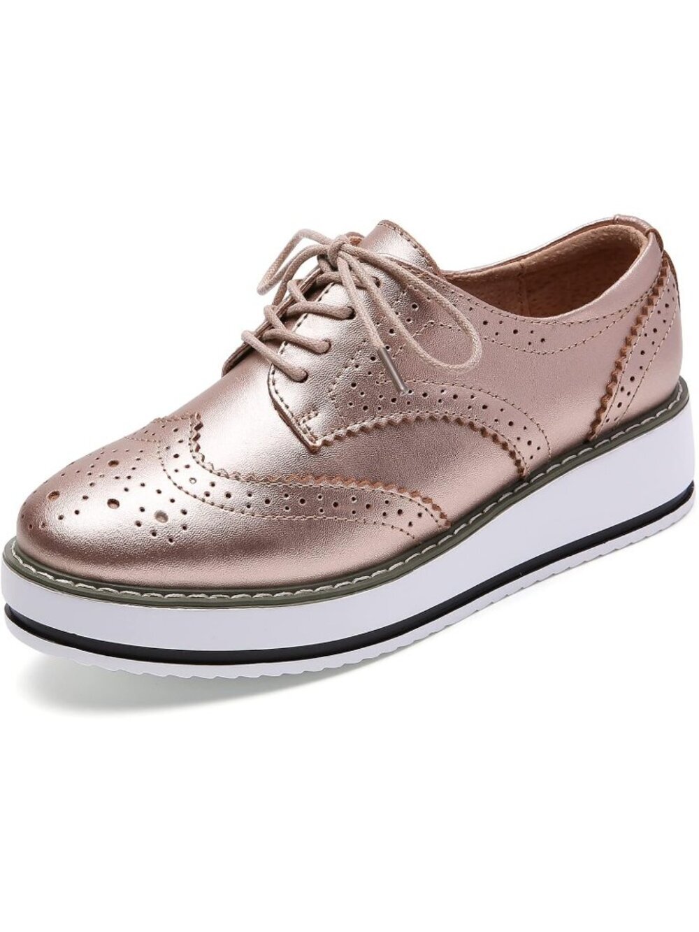 Women's Gold Round Toe Lace Up Leather Oxford Shoes Wingtip White Platform
